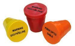 Plastic Utility caps w black letters for 12" rebar & 34" ID pipe